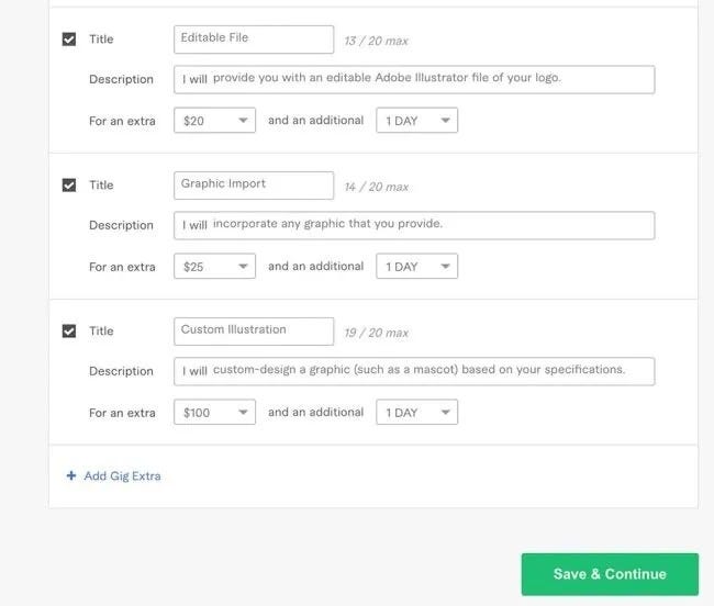 يتيح لك موقع Fiverr إضافة "إضافات" مخصصة إلى عملك.